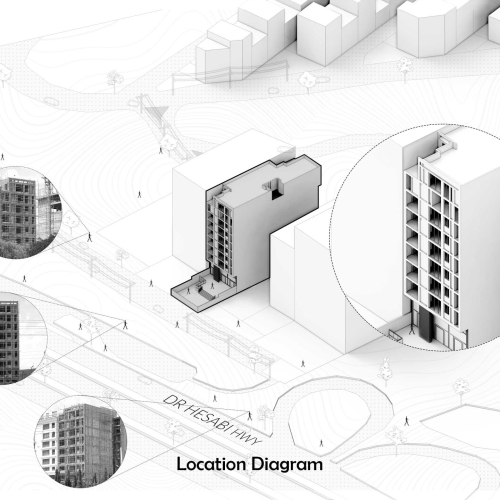 Contemporary façade of SAAR COMPLEX designed by GRID Architecture Office in Shiraz, Iran.