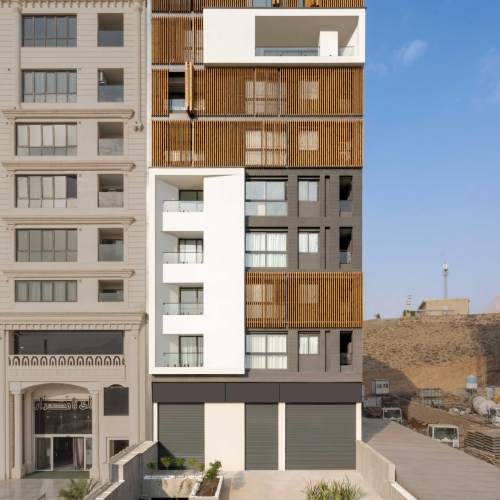 Contemporary façade of SAAR COMPLEX designed by GRID Architecture Office in Shiraz, Iran.