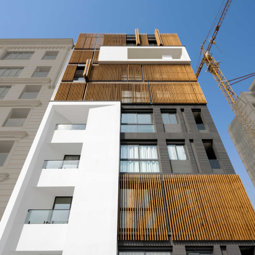 Contemporary façade of SAAR COMPLEX designed by GRID Architecture Office in Shiraz, Iran.